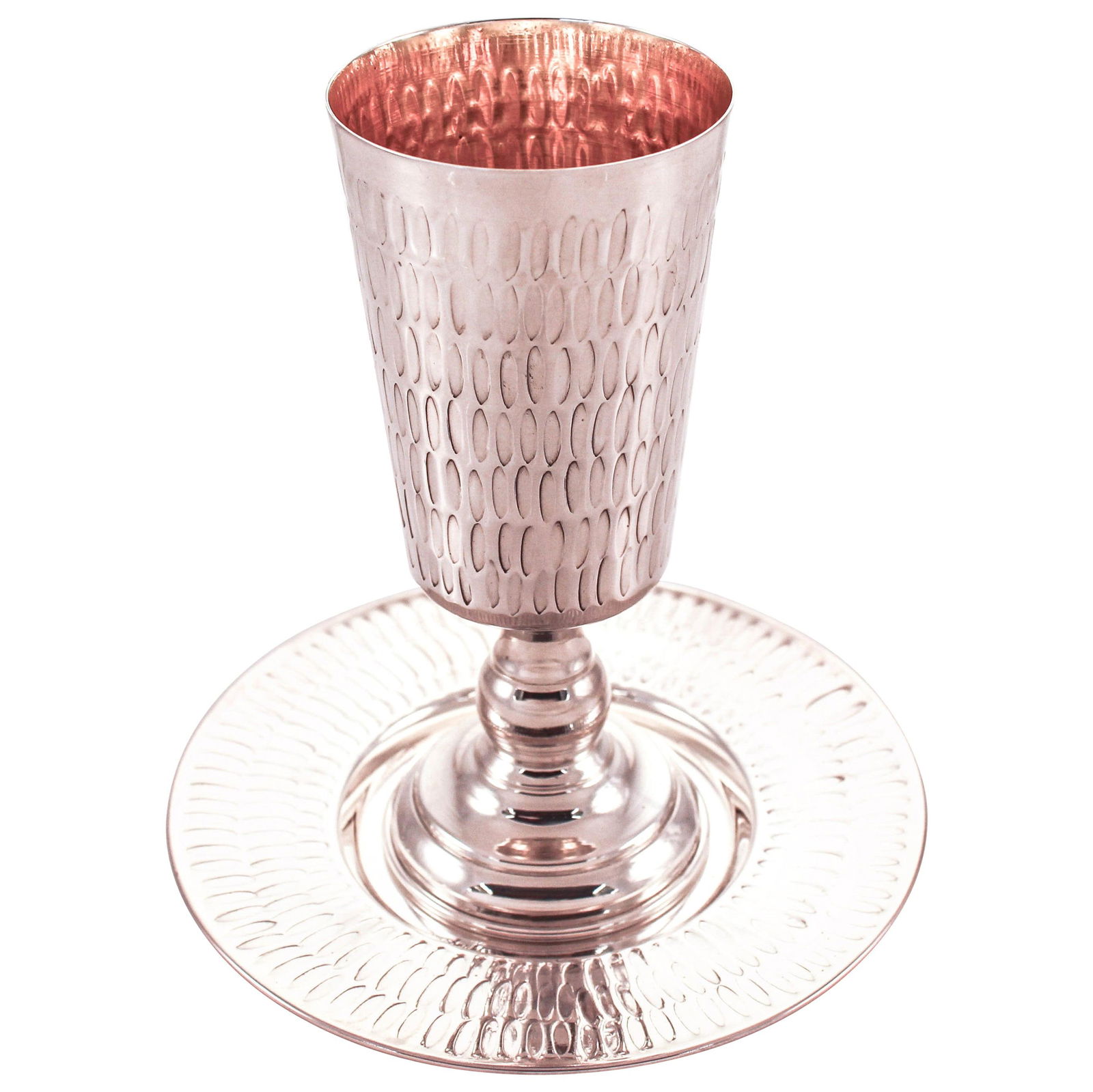 Antik Sterling Silver Kiddush Cup and Plate Set Modern Design: Antik Sterling Silver Kiddush Cup and Plate Set Modern Design This elegant set features a Sterling Silver Kiddush Cup and Plate, expertly crafted in Italy. The unique design showcases a modern oval ha