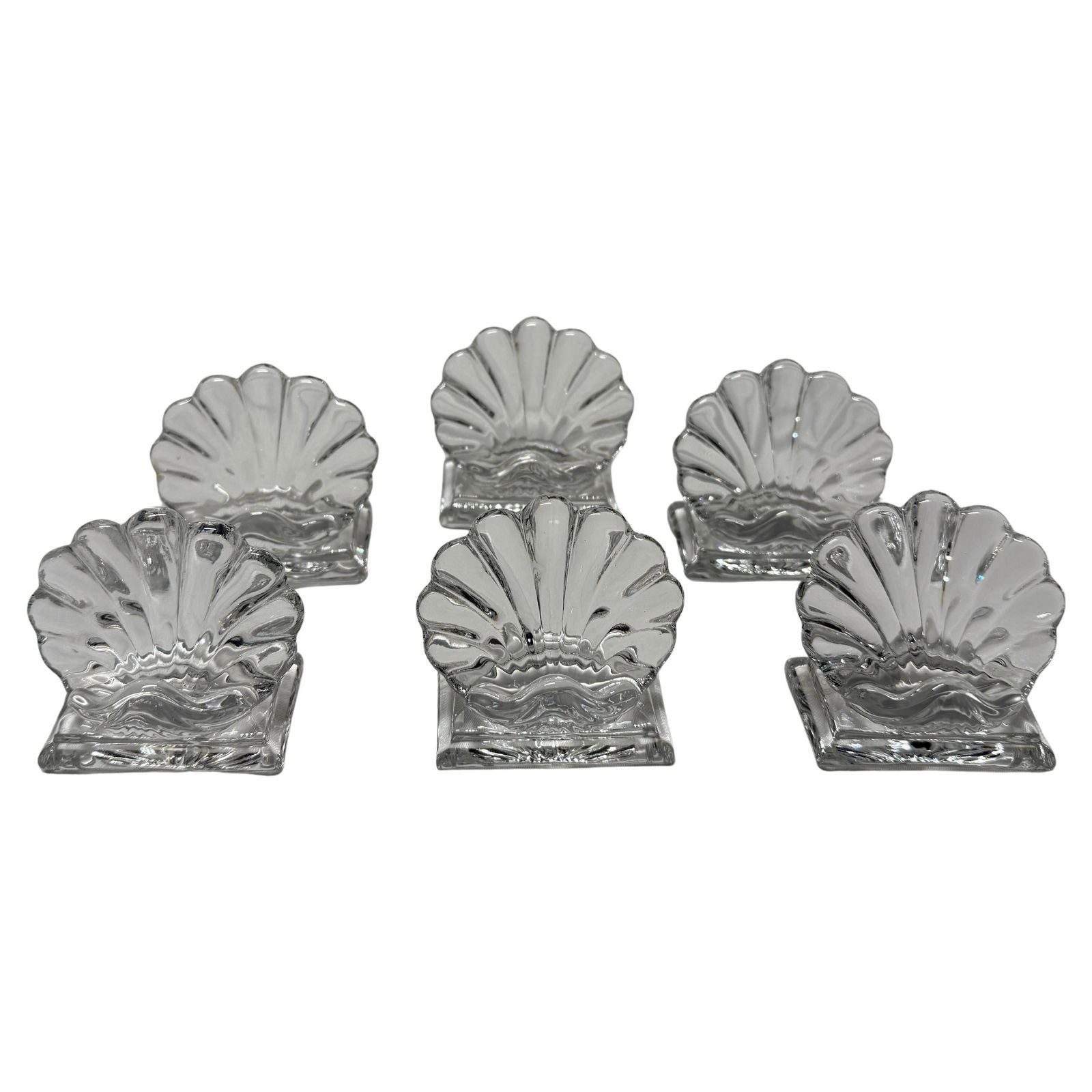 Baccarat Bambous Set of 6 Shell Crystal Place Card Holders: Baccarat Bambous Set of 6 Shell Crystal Place Card Holders Enhance your dining experience with this exquisite set of 6 Baccarat "Bambous" shell form crystal place card holders. Crafted in France, each
