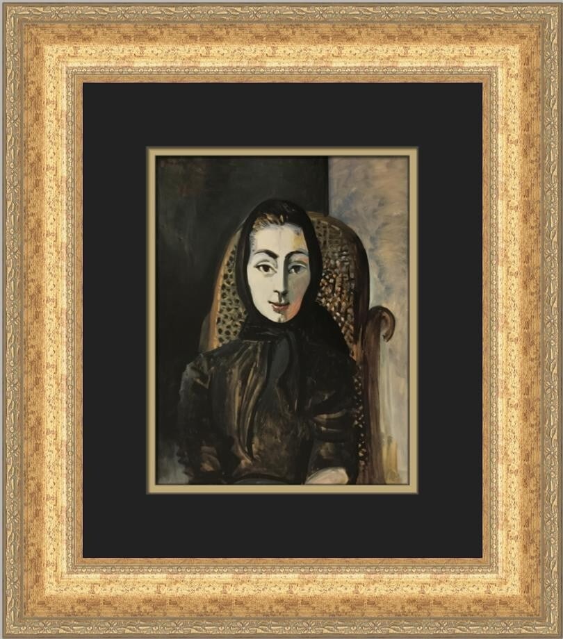 Pablo Picasso Portrait of Jaqueline Custom Framed Art Print: Pablo Picasso Portrait of Jaqueline Custom Framed Art Print This stunning custom framed print titled "Portrait of Jaqueline in a Black Scarf" by Pablo Picasso showcases a unique blend of Abstract Expr
