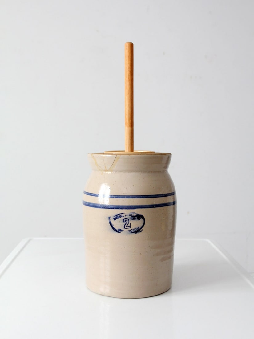 Vintage Marshall Pottery Stoneware Butter Churn with Original Lid and Dasher: Vintage Marshall Pottery Stoneware Butter Churn with Original Lid and Dasher This vintage butter churn from Marshall Pottery of Texas features classic salt-glazed stoneware adorned with traditional co