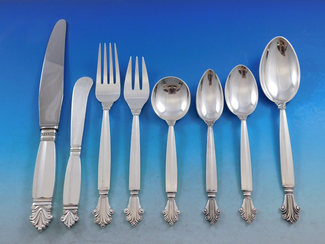 Georg Jensen Acanthus Sterling Silver Flatware Set 68 pcs for 8 with Storage Chest (1 of 10)
