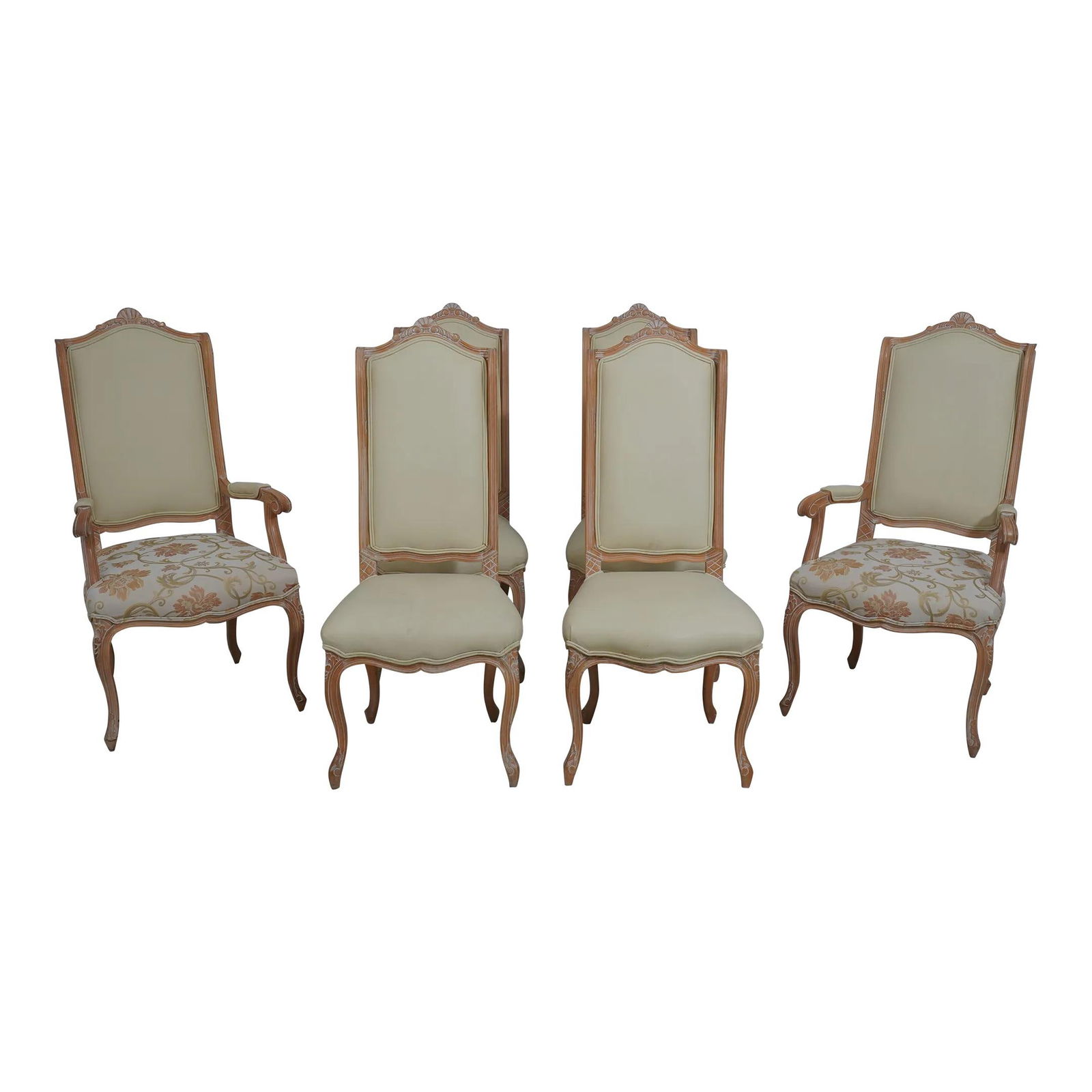 Set of 6 Louis XV Style White Wash Leather Dining Chairs (1 of 10)
