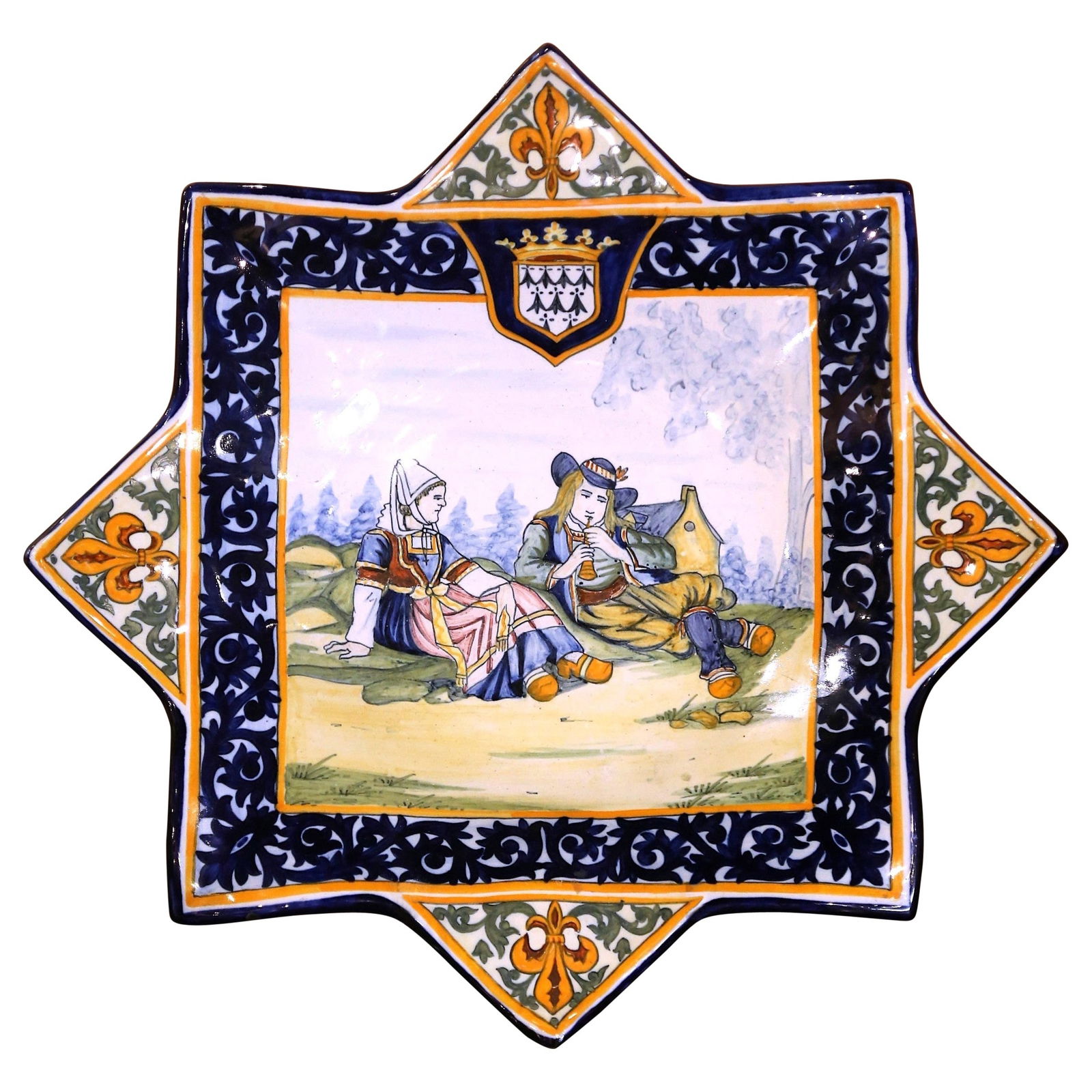 Henriot Quimper Early 20th Century Star Shaped Faience Wall Platter: Henriot Quimper Early 20th Century Star Shaped Faience Wall Platter This stunning early 20th-century French wall platter, created circa 1910, showcases exquisite craftsmanship in faience ceramic. The