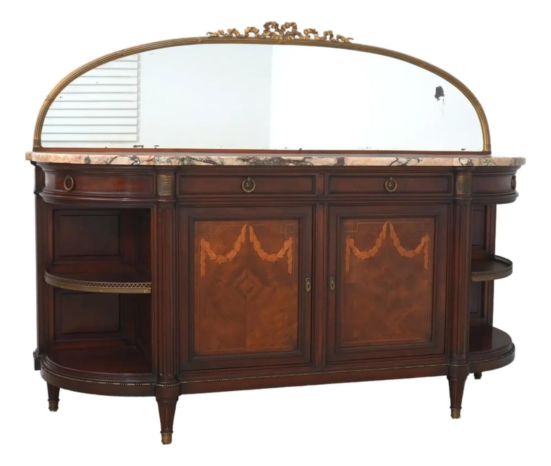 French Louis XVI Inlaid Mahogany Sideboard with Marble Top and Mounted Mirror: French Louis XVI Inlaid Mahogany Sideboard with Marble Top and Mounted Mirror This antique French Louis XVI sideboard dates from circa 1860-1880 and features a beautiful marble top, hand dovetailed dr