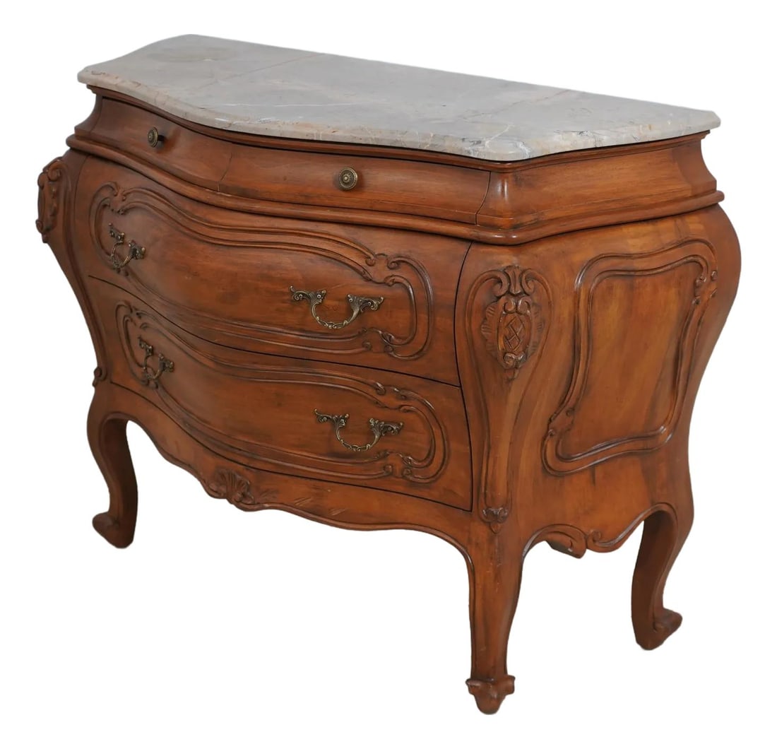 Elegant French Commode Chest with Marble Top and Carved Details: Elegant French Commode Chest with Marble Top and Carved Details This exquisite French Continental style commode chest features a stunning beveled edge marble top and elegant carved details that enhanc