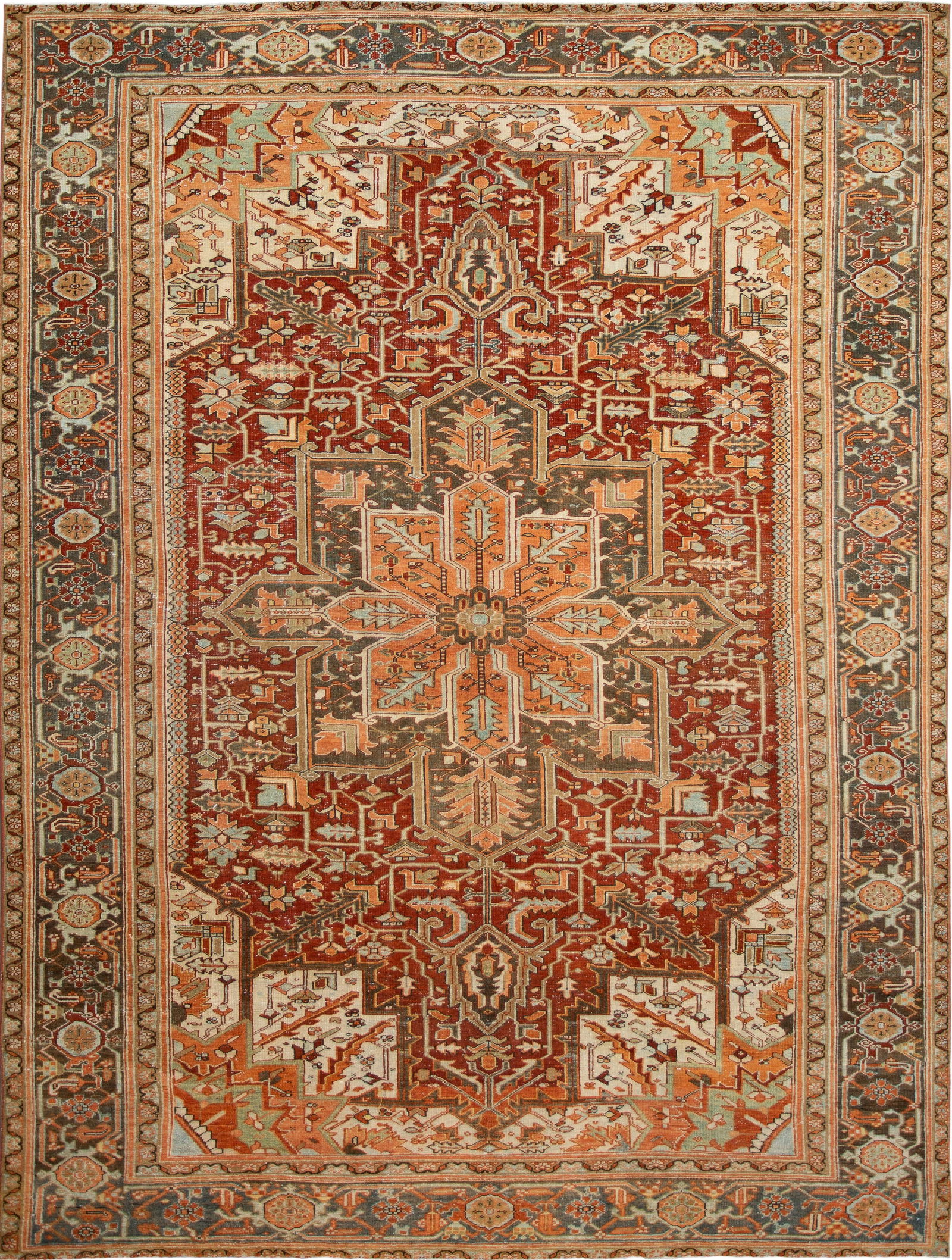Antique Persian Heriz Hand-Knotted Red Wool Medallion Rug 9' x 12' 1": Antique Persian Heriz Hand-Knotted Red Wool Medallion Rug 9' x 12' 1" This exquisite antique Heriz rug showcases a stunning hand-knotted design, featuring a rich rust field adorned with tan and blue a