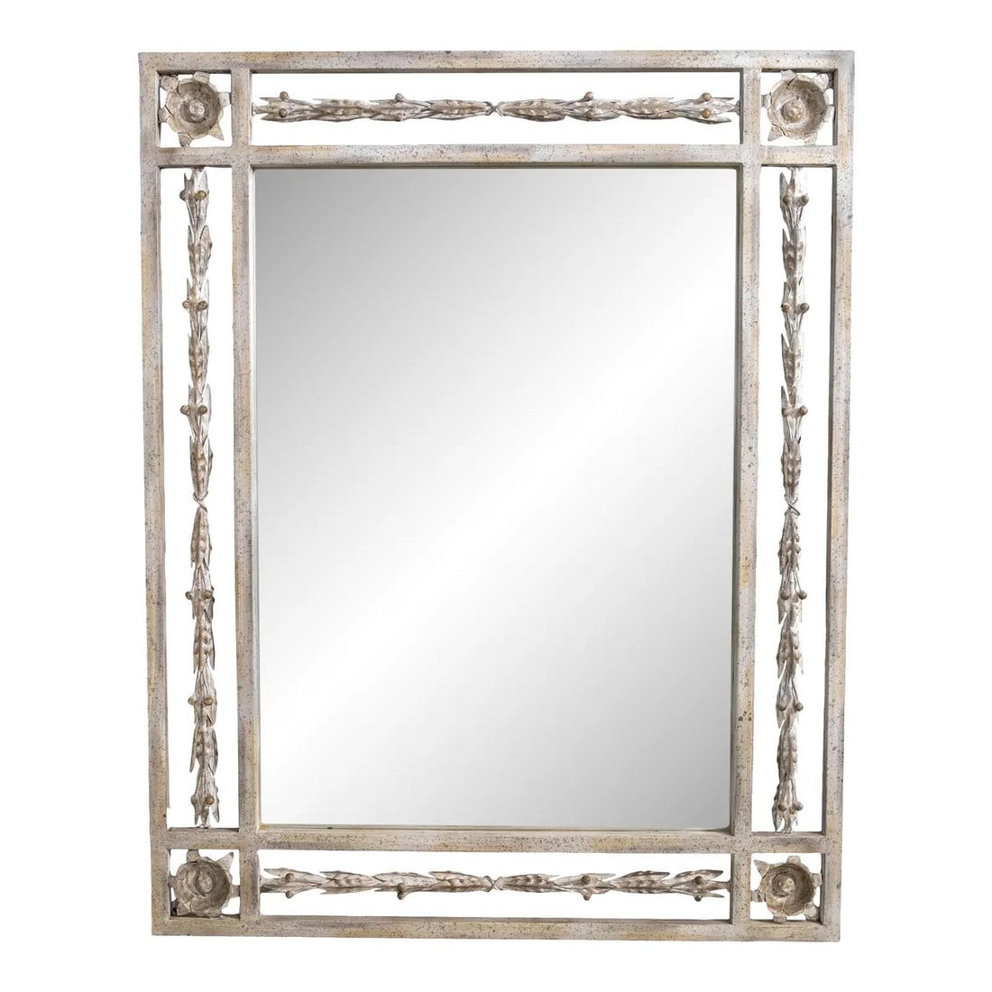 Vintage French Style Metal Toleware Mirror with Leaf Design: Vintage French Style Metal Toleware Mirror with Leaf Design This exquisite French-style mirror features a beautifully crafted metal toleware frame with a charming leaf design. The mirror boasts a beve
