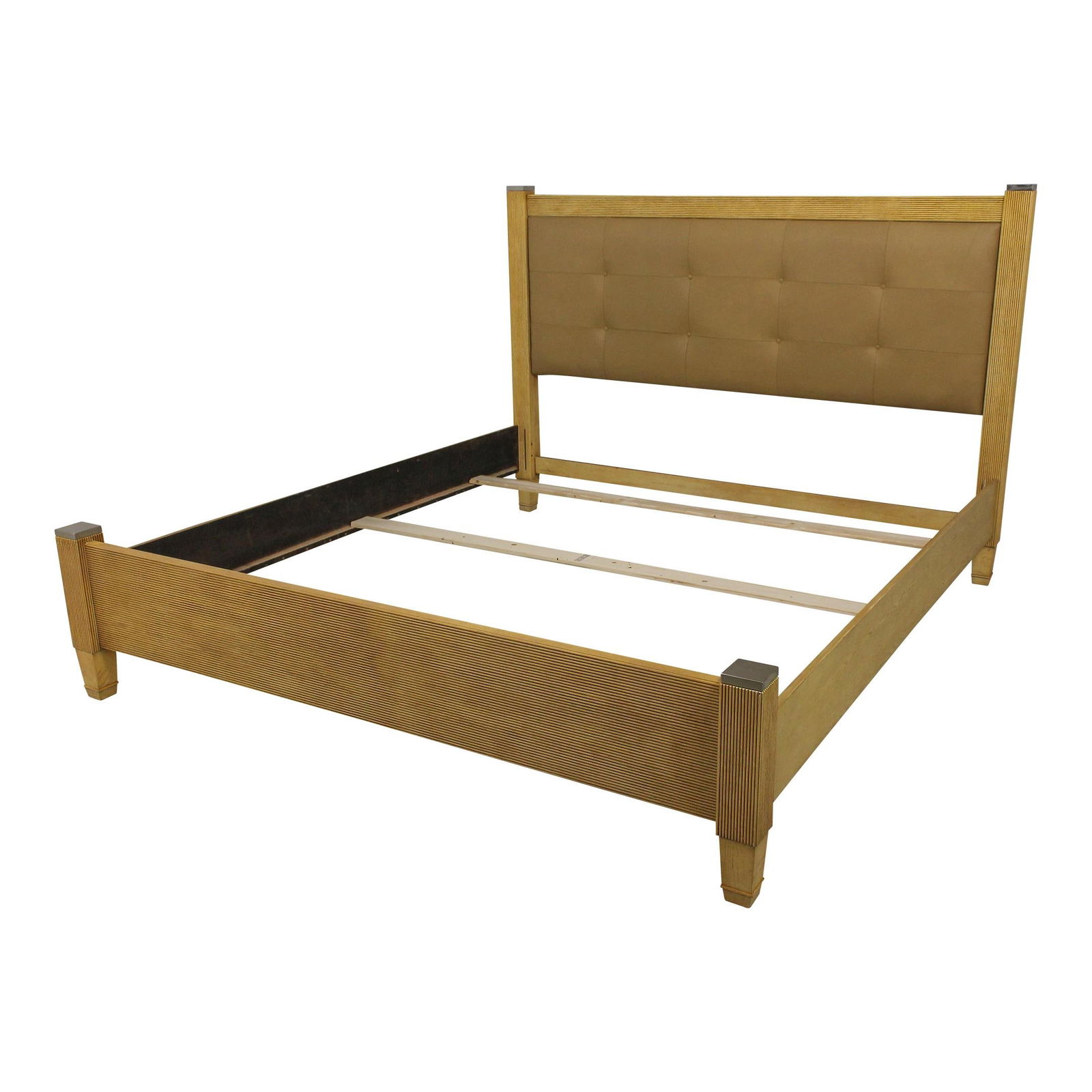 Elegant King Size Bed with Tufted Leather Headboard and Steel Posts: Elegant King Size Bed with Tufted Leather Headboard and Steel Posts This King Size Modern Design Leather Headboard Bed showcases a sleek and contemporary aesthetic, perfect for enhancing your bedroom