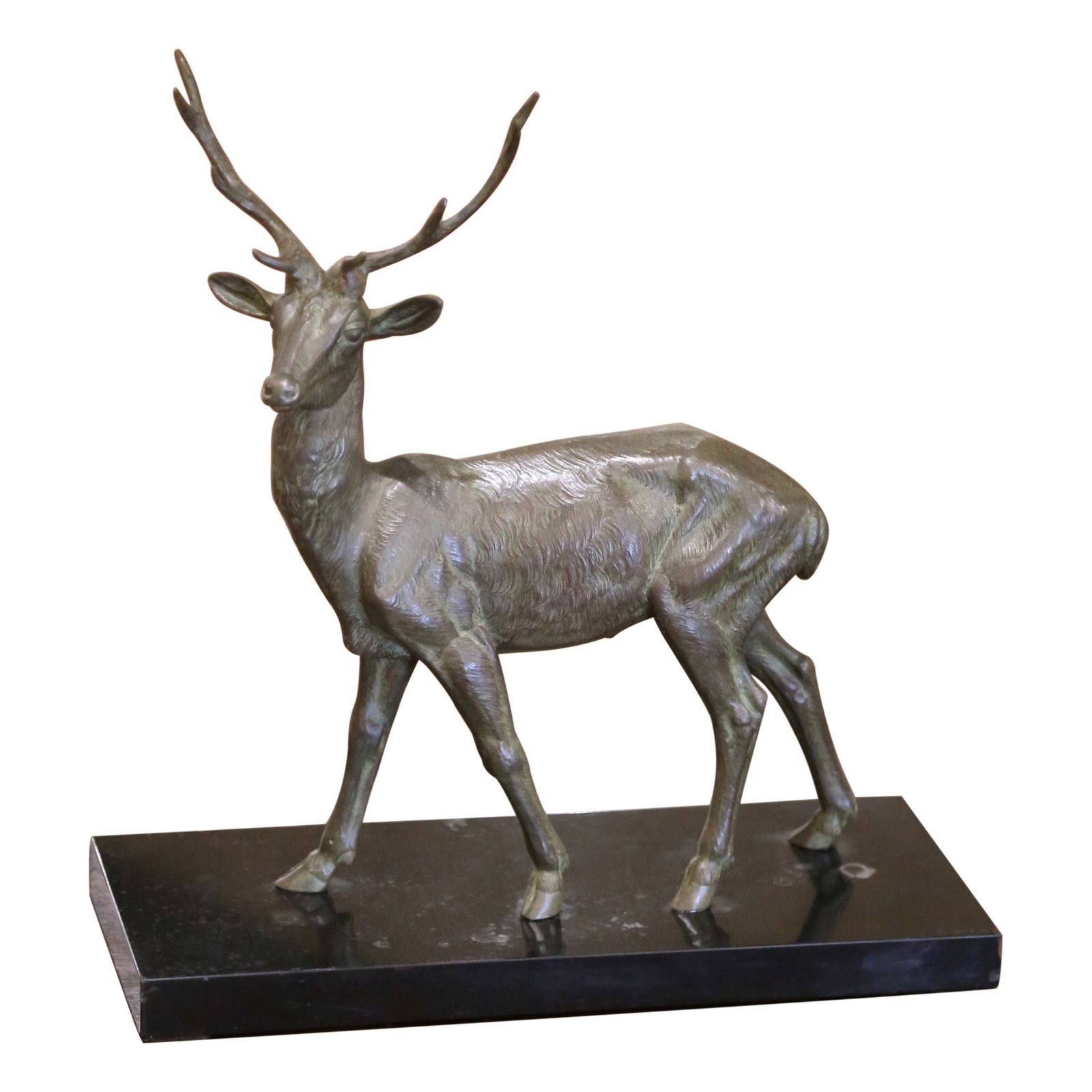 M. Leducq Early 20th Century Patinated Spelter Stag Sculpture on Marble Base: M. Leducq Early 20th Century Patinated Spelter Stag Sculpture on Marble Base This exquisite early 20th-century French sculpture features a proud stag in mid-stride, expertly crafted from patinated spe