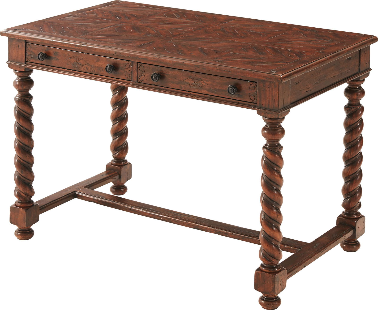Theodore Alexander Rustic Mahogany Writing Table 30H x 44W x 27D: Theodore Alexander Rustic Mahogany Writing Table 30H x 44W x 27D Introducing the Theodore Alexander Rustic Writing Table, a beautifully crafted piece that combines antique charm with modern functional