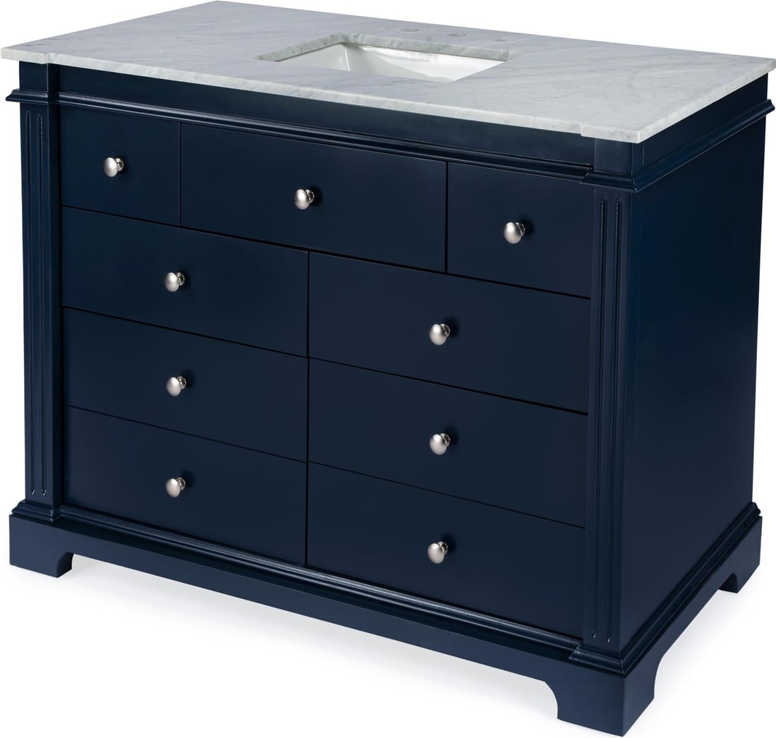 Butler Blue Navy Bathroom Vanity 48 Inches Modern Style: Butler Blue Navy Bathroom Vanity 48 Inches Modern Style Enhance your modern bathroom with this stylish blue Harley vanity, designed by Butler. This elegant piece features a stunning navy blue finish,