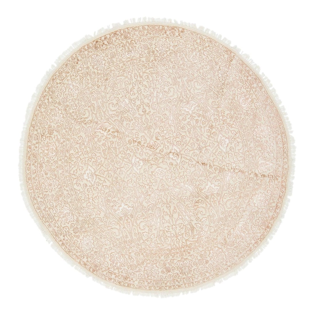 6'1" Modern Beige Wool Silk Round Rug Floral Design: 6'1" Modern Beige Wool Silk Round Rug Floral Design Enhance your living space with this exquisite 6'1" round modern rug, meticulously hand-knotted from a luxurious blend of wool and silk. The stunning