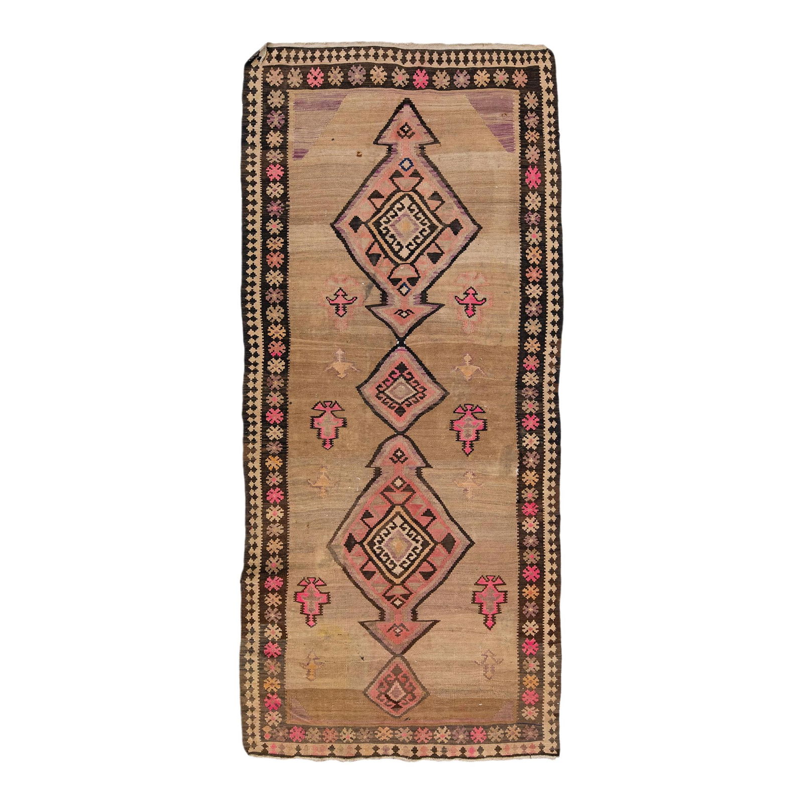 1960s Handmade Turkish Kilim Wool Rug Tan Tribal Design 4'7 x 10'2: 1960s Handmade Turkish Kilim Wool Rug Tan Tribal Design 4'7 x 10'2 This exquisite vintage Turkish Kilim rug showcases a stunning hand-knotted wool construction with a warm tan field, accented by a bro