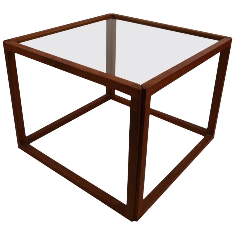 Danish Modern Cube Table Teak Frame Smoked Glass Top: Danish Modern Cube Table Teak Frame Smoked Glass Top This Rationalist Danish Modern Cube Table showcases a stunning architectural design with a teak frame and a smoked glass top. Featuring dovetail jo