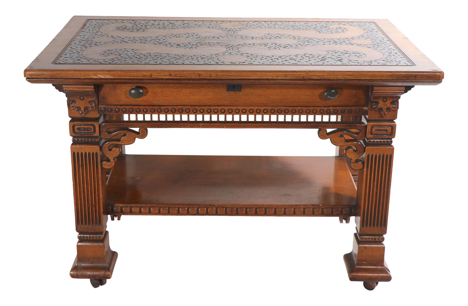 Unique Cowboy Oak Library Table with Mosaic Marquetry Top: Unique Cowboy Oak Library Table with Mosaic Marquetry Top This distinctive oak library table desk features a unique mosaic-style marquetry top, adding a touch of artistry to its practical design. The