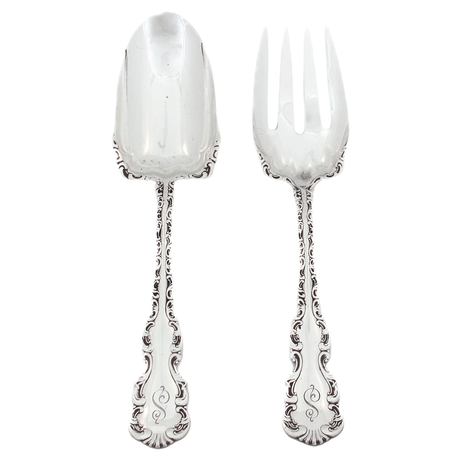 Frank Whiting Louis XV Sterling Silver Fork Spoon Set of 2: Frank Whiting Louis XV Sterling Silver Fork Spoon Set of 2 Experience the elegance of the Gilded Age with this exquisite set of sterling silver fork and spoon in the "Louis XV" pattern by Whiting Silv