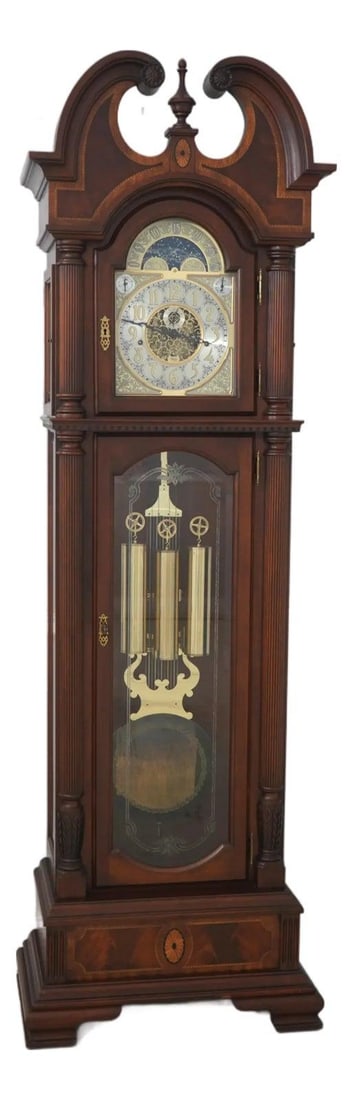 Sligh Inlaid Mahogany Grandfather Clock with Beveled Glass and Finial (1 of 10)