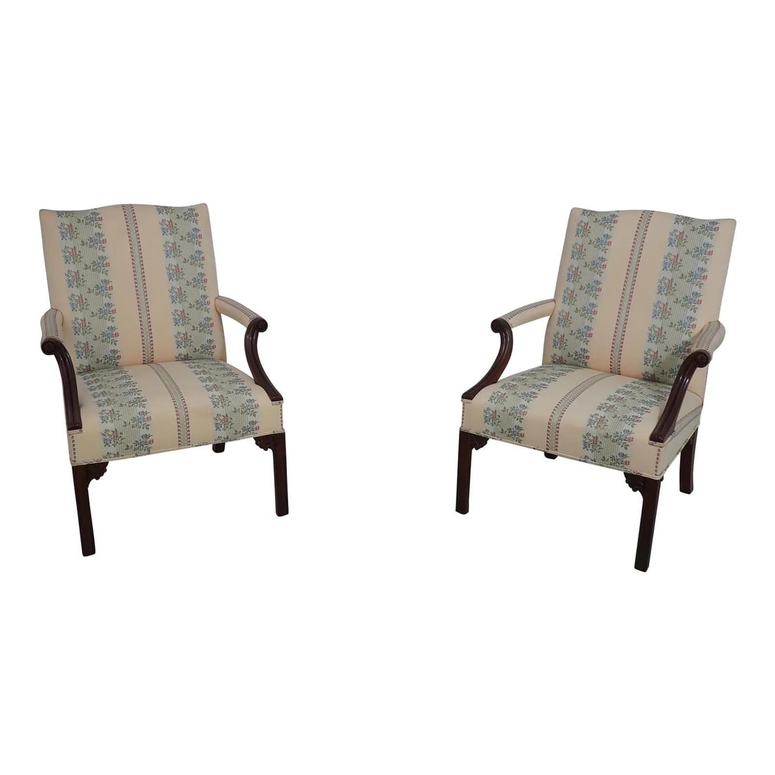 Elegant Pair of Chippendale Style Mahogany Library Chairs: Elegant Pair of Chippendale Style Mahogany Library Chairs This exquisite pair of Baker Chippendale style library chairs showcases timeless elegance with their solid mahogany construction and beautiful