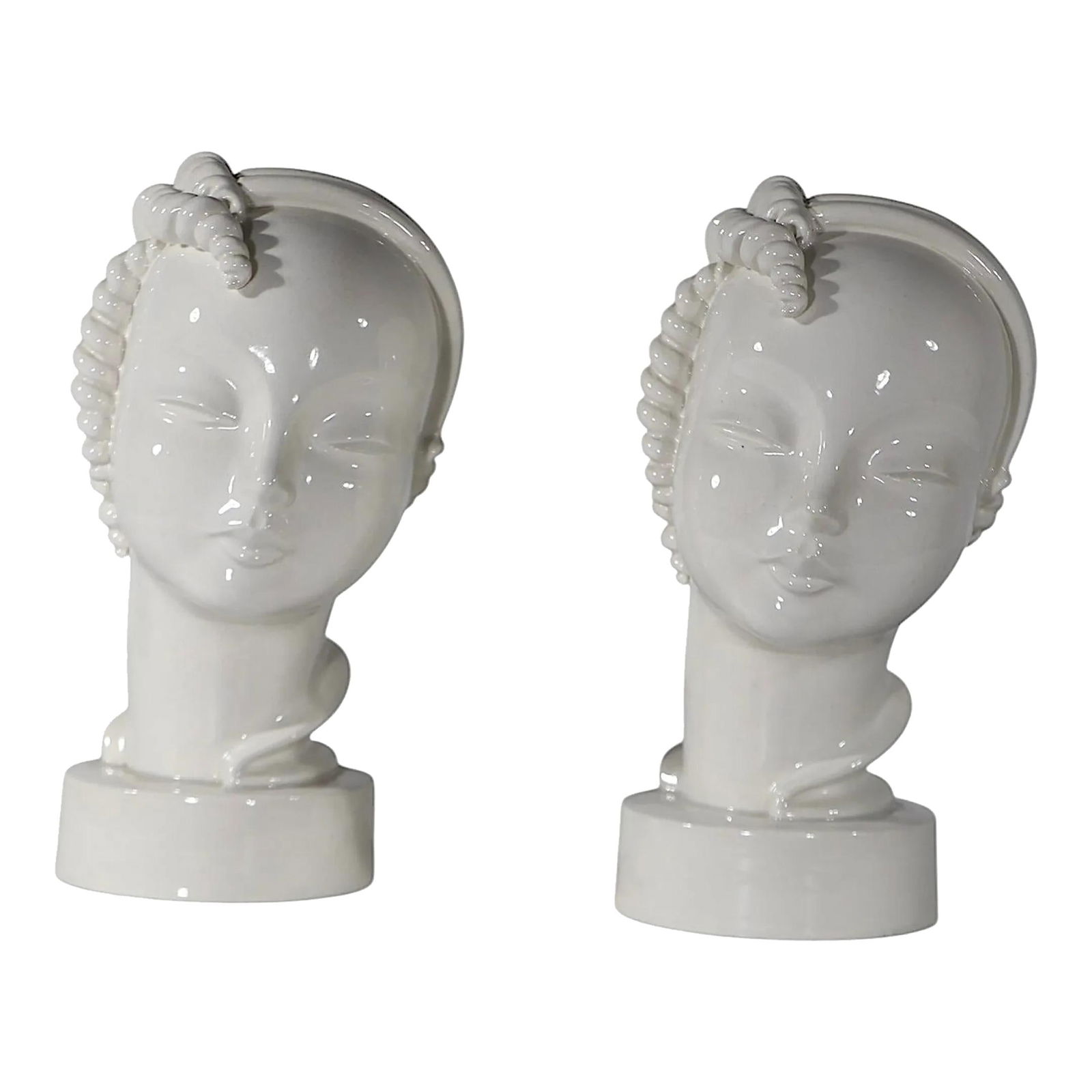 Art Deco Kent Art Ware Blanc de Chine Busts Pair Japan 1930s: Art Deco Kent Art Ware Blanc de Chine Busts Pair Japan 1930s This elegant pair of Art Deco Blanc de Chine ceramic busts, crafted by Kent Art Ware in Japan during the 1930s, showcases a timeless design