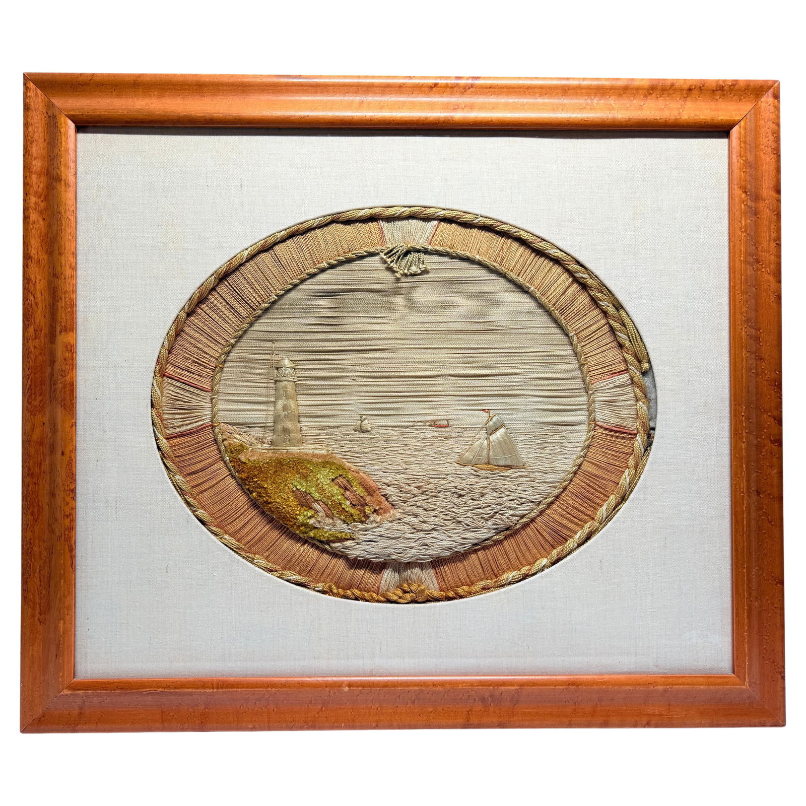 19th Century British Woolwork Lighthouse Seascape C. 1865: 19th Century British Woolwork Lighthouse Seascape C. 1865 This exquisite British sailor's woolwork embroidery, crafted circa 1865, features a captivating seascape depicting a lighthouse, sailing vesse