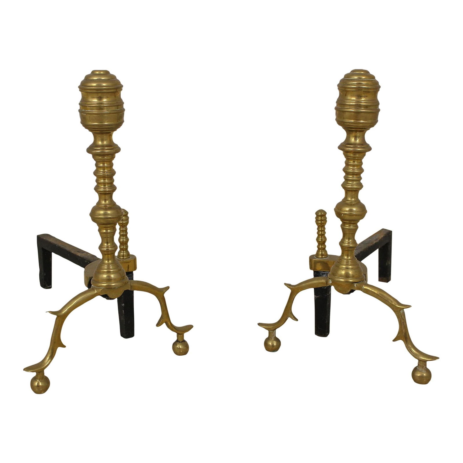 Vintage Queen Anne Style Brass Andirons Pair with Iron Supports (1 of 9)