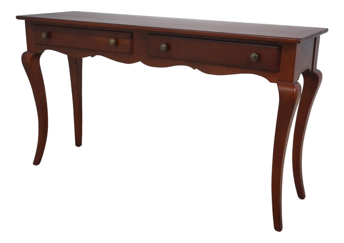 Knob Creek Country French Cherry Wood Sofa Table with 2 Drawers: Knob Creek Country French Cherry Wood Sofa Table with 2 Drawers This elegant Country French Sofa Hall Table features a charming factory distressed finish that enhances its vintage appeal. Crafted from