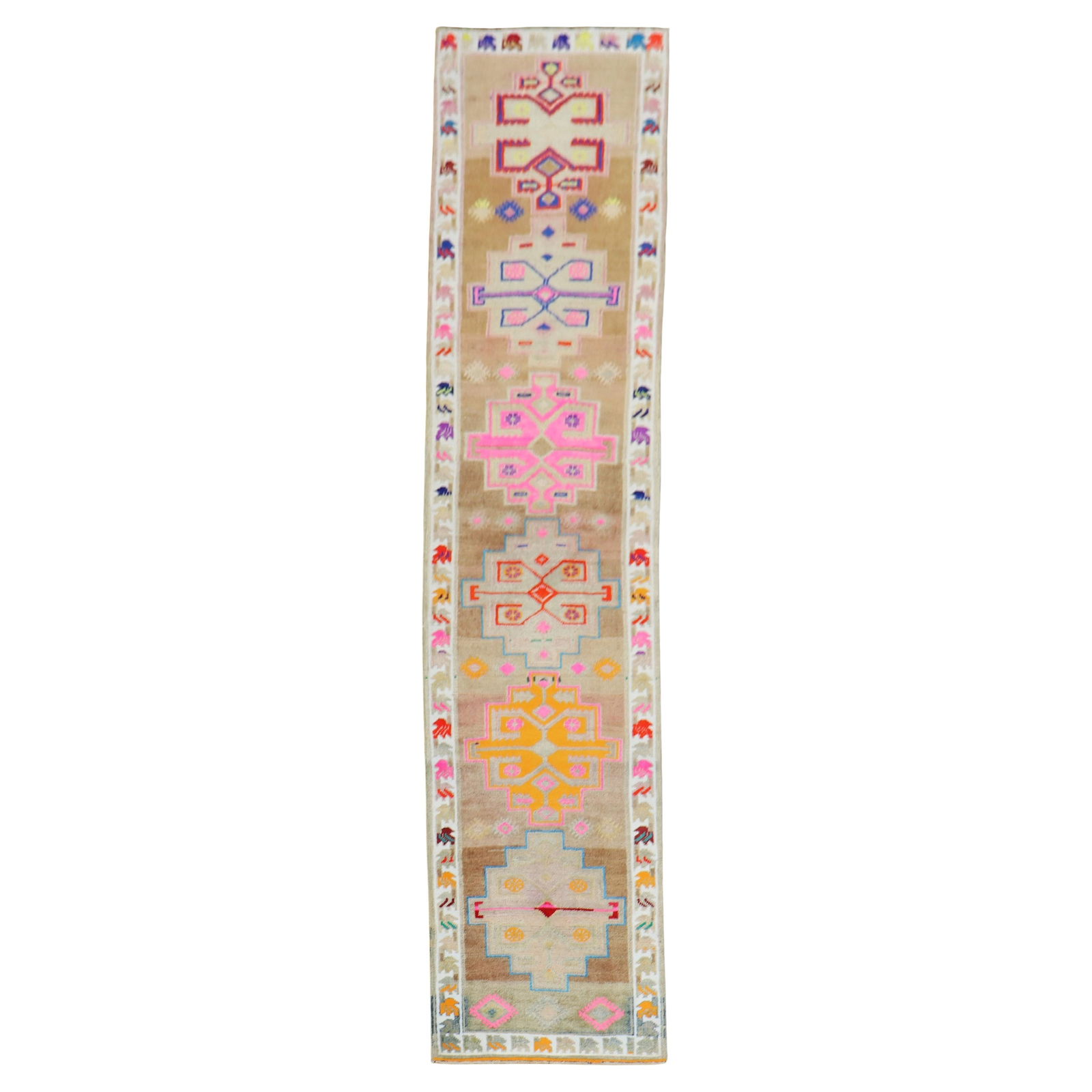 Colorful Vintage Turkish Anatolian Runner 2'8 x 12'7 Wool Hand-Woven: Colorful Vintage Turkish Anatolian Runner 2'8 x 12'7 Wool Hand-Woven This vibrant mid-20th-century Turkish Anatolian runner showcases a stunning futurist style. Hand-woven from high-quality wool, this