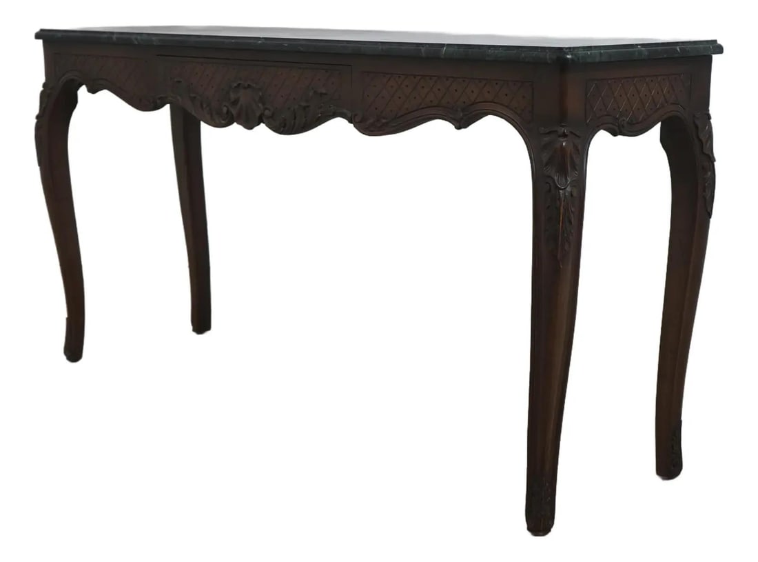 Green Marble Console Table with Drawer French Louis XV Influence 1950s: Green Marble Console Table with Drawer French Louis XV Influence 1950s This 1950s French Louis XV style console table features a green marble top and is crafted with quality construction, including a