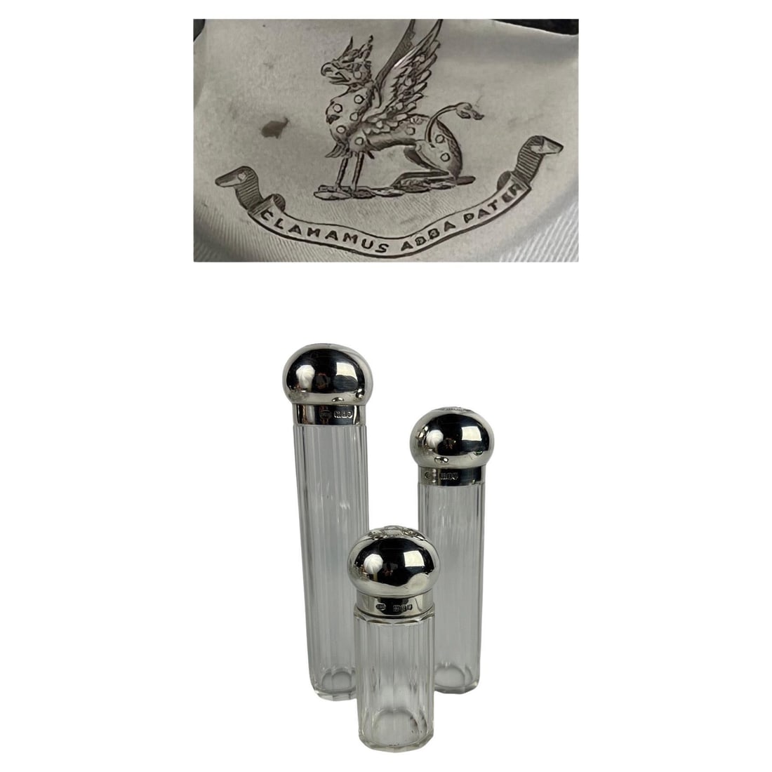 Set of 3 Edwardian Sterling Silver Crystal Dresser Jars by Henry Greaves: Set of 3 Edwardian Sterling Silver Crystal Dresser Jars by Henry Greaves This exquisite three-piece dresser jar set, crafted by renowned English silversmith Henry Greaves, showcases the elegance of ea