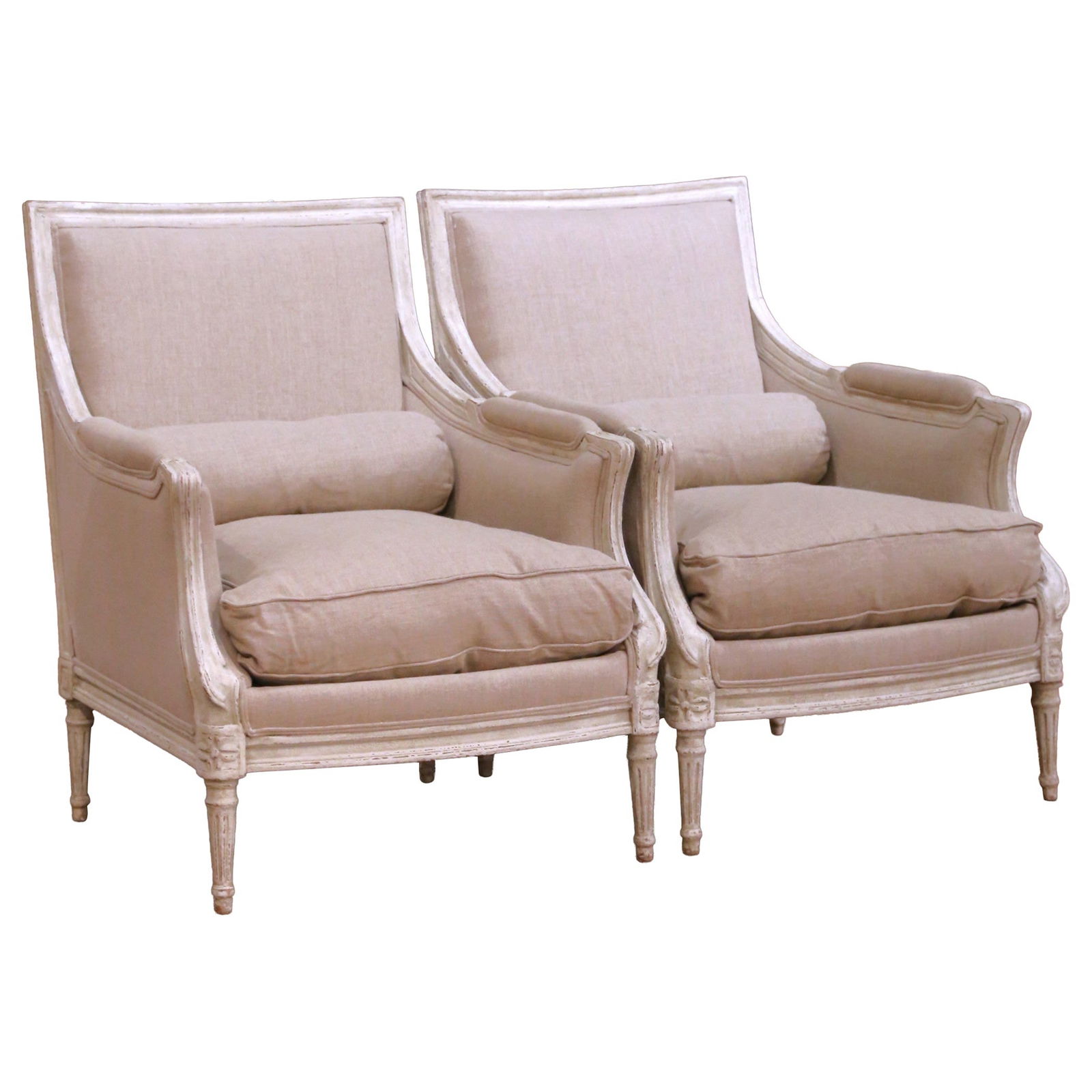 Set of 2 French Louis XVI Style Painted Upholstered Carved Armchairs circa 1880: Set of 2 French Louis XVI Style Painted Upholstered Carved Armchairs circa 1880 This pair of late 19th-century French Louis XVI armchairs features hand-carved wood frames with a hand-painted white and