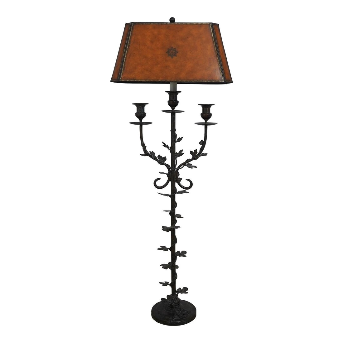 Maitland Smith Ornate Bronze Floor Lamp with Leather Shade 67" Tall: Maitland Smith Ornate Bronze Floor Lamp with Leather Shade 67" Tall Illuminate your space with this exquisite Maitland Smith Floor Lamp, featuring a beautifully tooled leather shade that showcases qua