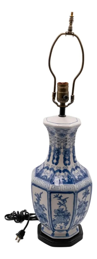 1970s Blue and White Porcelain Vase Lamp Floral Motif (1 of 10)