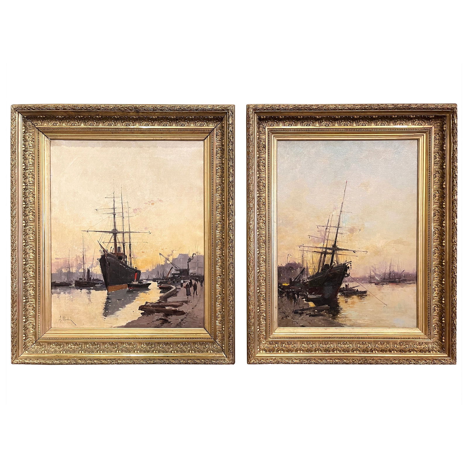 19th Century Pair of Oil Paintings by A Michel for Eugene Galien-Laloue: 19th Century Pair of Oil Paintings by A Michel for Eugene Galien-Laloue This exquisite pair of 19th-century oil paintings captures the charm of coastal France, painted circa 1890 by the renowned artis