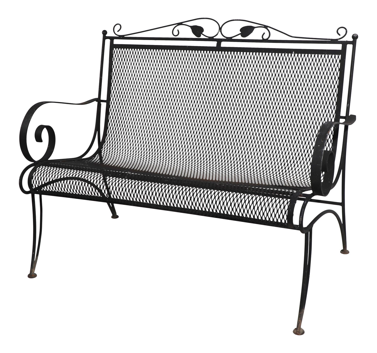 Woodard Furniture Wrought Iron Garden Settee Black Finish: Woodard Furniture Wrought Iron Garden Settee Black Finish Enhance your outdoor space with this stylish wrought iron and metal mesh settee, a lovely loveseat attributed to Woodard Furniture. This piece