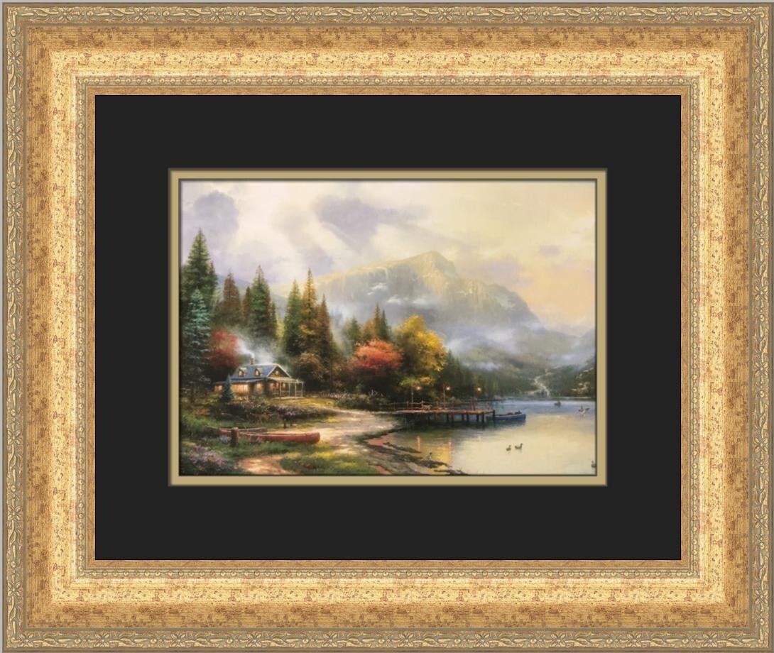 Thomas Kinkade End of the Perfect Day III Custom Framed Art Print: Thomas Kinkade End of the Perfect Day III Custom Framed Art Print Experience the serene beauty of Thomas Kinkade's "End of the Perfect Day III" with this custom framed print. This medium-sized artwork