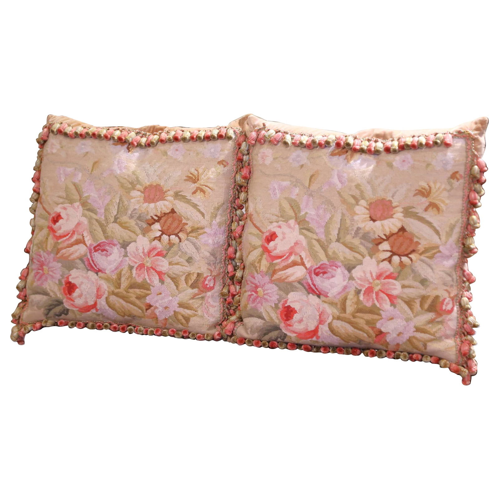 Vintage Set of 2 19th Century Aubusson Tapestry Floral Pillows (1 of 8)