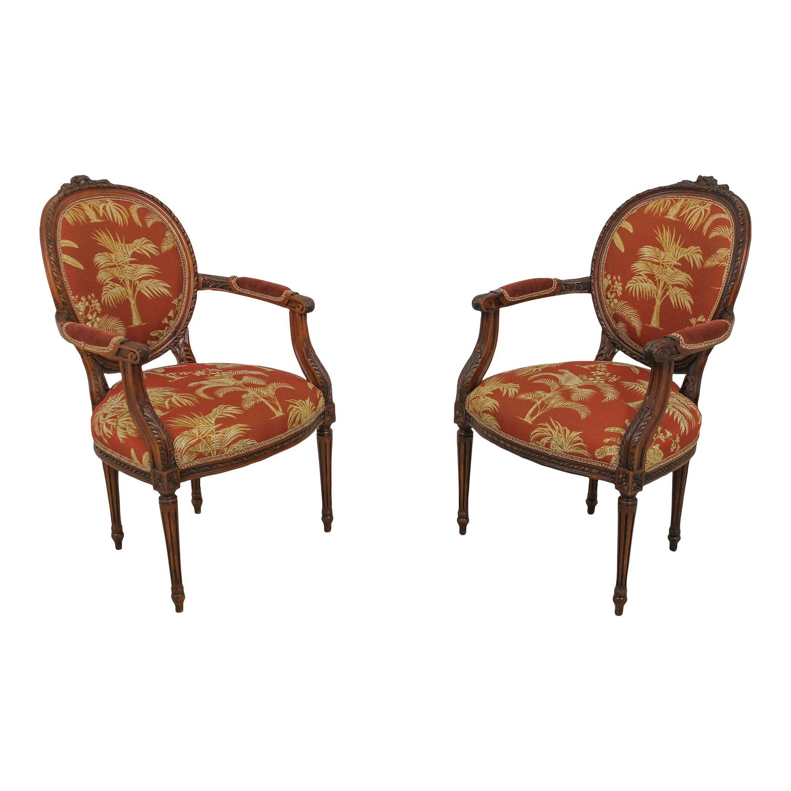 Elegant Pair of French Louis XV Carved Armchairs with Tropical Print Upholstery: Elegant Pair of French Louis XV Carved Armchairs with Tropical Print Upholstery Elevate your living space with this exquisite pair of French Louis XV carved frame open armchairs. Crafted with high-qua