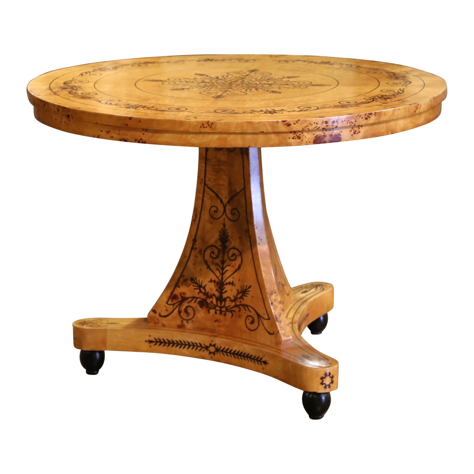 Charles X Style Burlwood Marquetry Gueridon Table France 1920: Charles X Style Burlwood Marquetry Gueridon Table France 1920 This exquisite early 20th-century gueridon pedestal table showcases the elegance of the Charles X style. Crafted in France around 1920, it