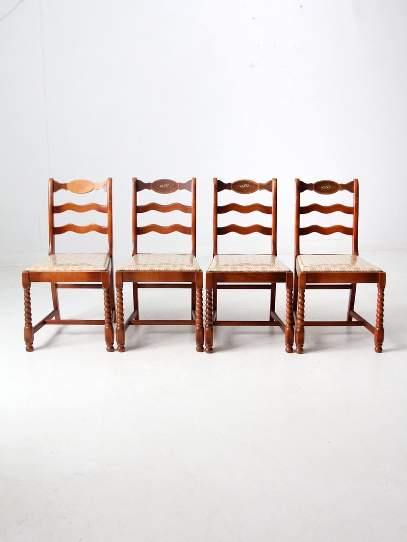 1930s Vintage Phoenix Chair Co Set of 4 Dining Chairs: 1930s Vintage Phoenix Chair Co Set of 4 Dining Chairs This set of four vintage dining chairs, crafted by the Phoenix Chair Company in the 1930s-1940s, showcases exquisite craftsmanship with spool-turn