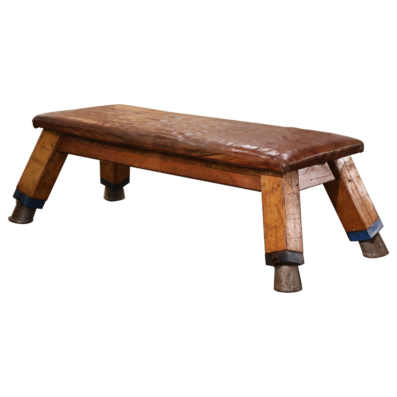 Vintage Rustic Czech Gym Bench Circa 1920 Leather Pine Metal Hoof Feet: Vintage Rustic Czech Gym Bench Circa 1920 Leather Pine Metal Hoof Feet This early 20th-century Czech gym bench is a charming blend of rustic style and functional design. Crafted around 1920, the bench