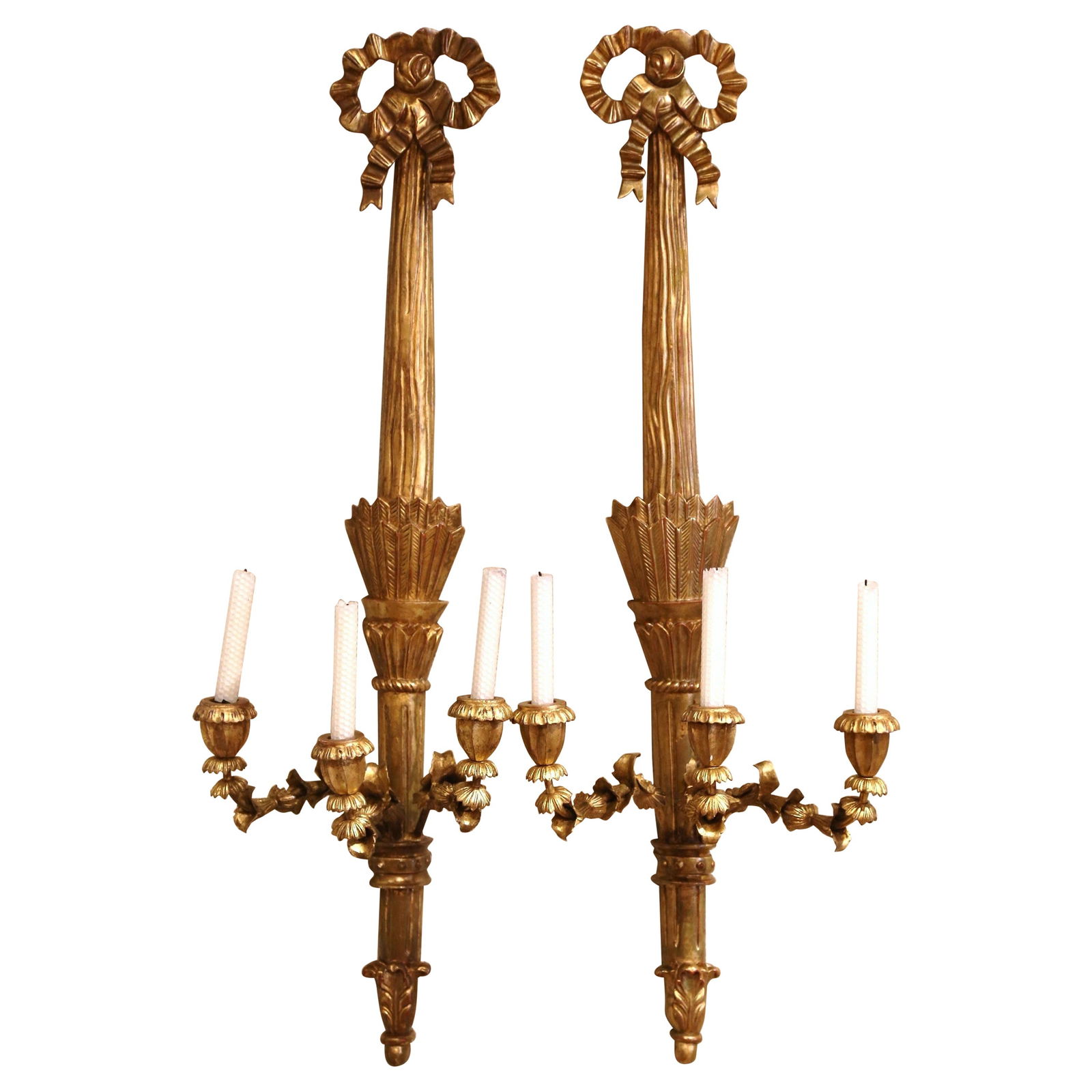 Elegant Vintage French Louis XVI Giltwood Sconce Pair Set of 2: Elegant Vintage French Louis XVI Giltwood Sconce Pair Set of 2 This exquisite pair of vintage French Louis XVI carved giltwood three-light sconces adds an elegant touch to any living room, dining room