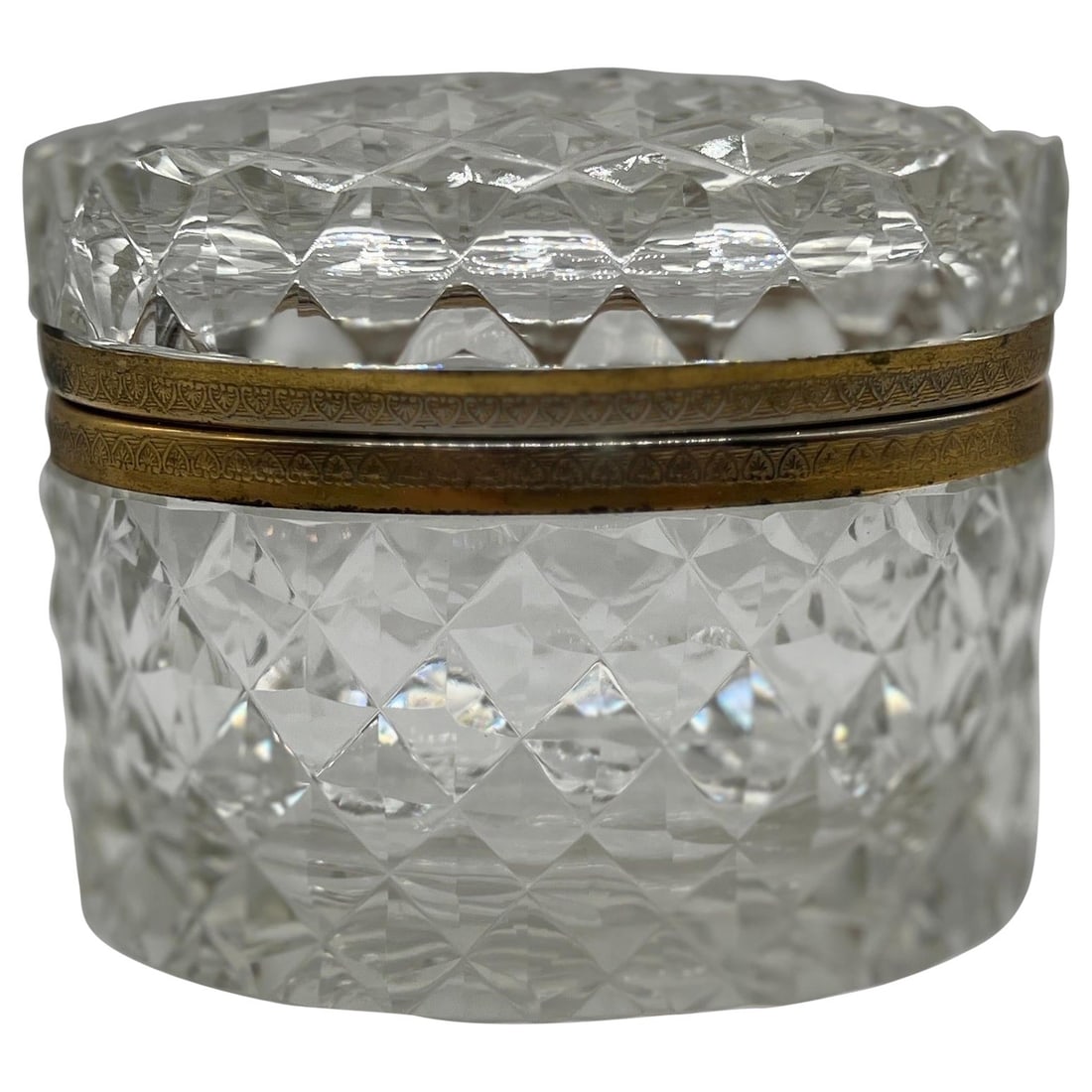 French Baccarat Style Crystal Ormolu Mounted Oval Jewelry Casket Box: French Baccarat Style Crystal Ormolu Mounted Oval Jewelry Casket Box This exquisite French Baccarat style crystal glass and ormolu mounted oval casket box is a stunning example of early to mid 20th ce