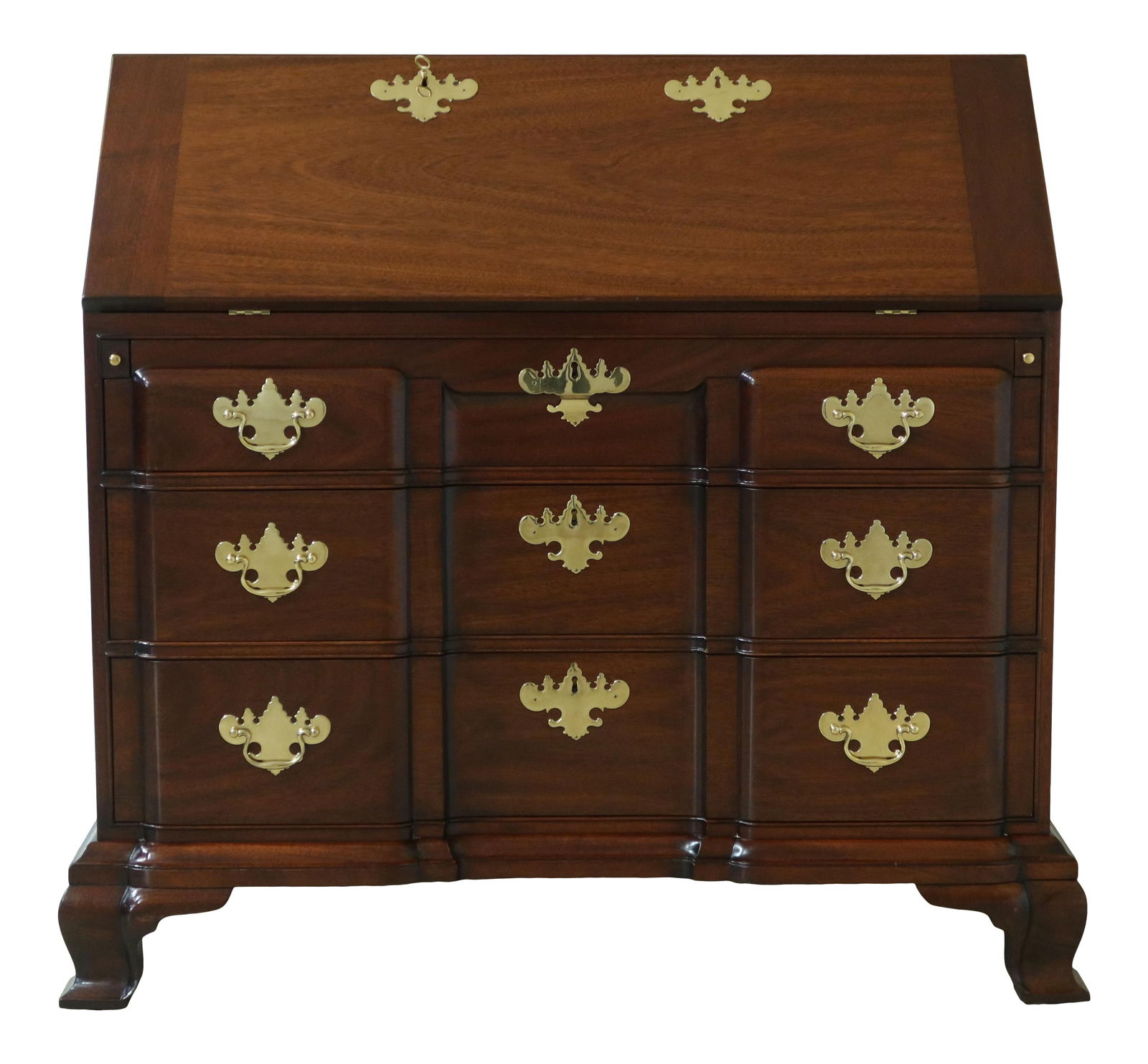 Kindel Mahogany Slantfront Desk Chippendale Style Dovetailed Construction: Kindel Mahogany Slantfront Desk Chippendale Style Dovetailed Construction This exquisite Kindel Block Front Mahogany Slantfront Desk showcases outstanding craftsmanship with its dovetailed drawer cons