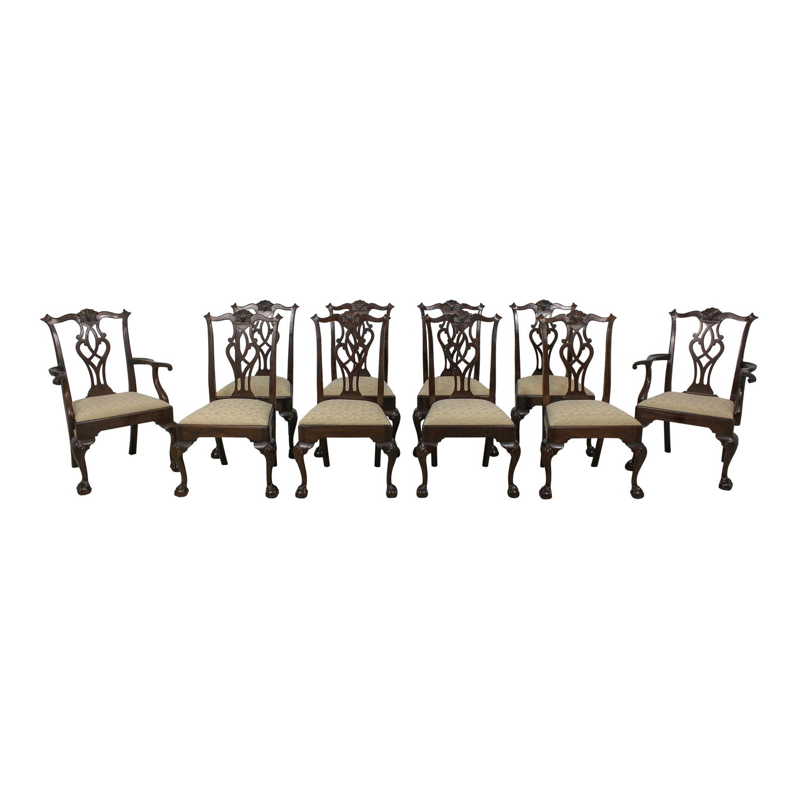 Set of 10 Stickley Chippendale Mahogany Ball & Claw Chairs: Set of 10 Stickley Chippendale Mahogany Ball & Claw Chairs Enhance your dining experience with this exquisite set of 10 Stickley Chippendale dining room chairs, crafted from solid mahogany. Featuring