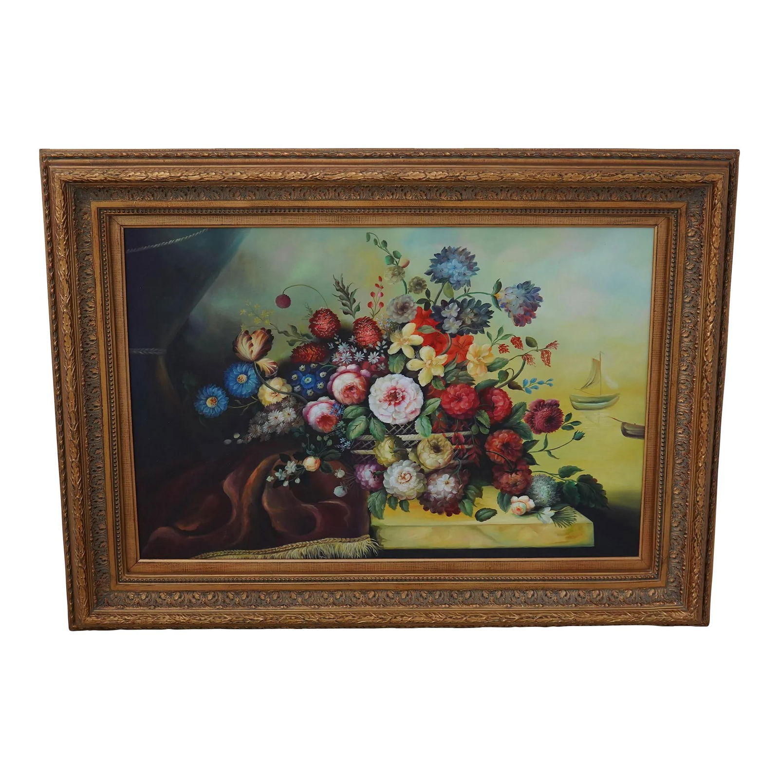 Ornate Framed 40 Year Old Floral Canvas Art 46 x 34: Ornate Framed 40 Year Old Floral Canvas Art 46 x 34 This stunning framed floral still life on canvas showcases vibrant colors that will enhance any room. The artwork is presented in an ornate wood fra