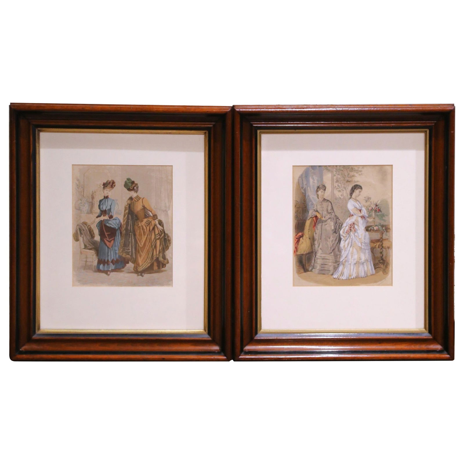 19th Century French Fashion Engravings Set of 2 in Walnut Frames (1 of 17)