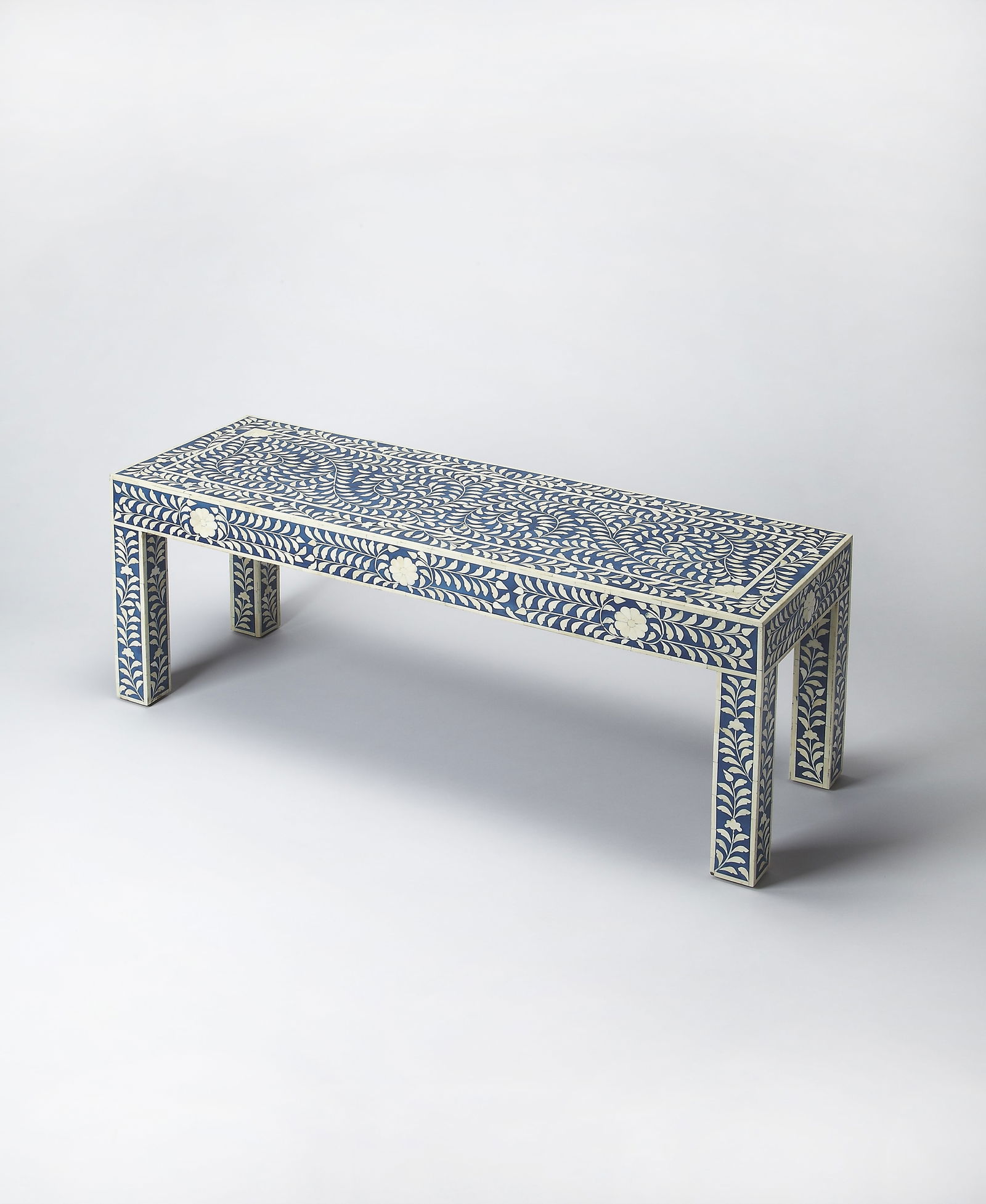 Butler Specialty Blue Bone Inlay Rectangular Bench: Butler Specialty Blue Bone Inlay Rectangular Bench Introducing the Elegant Bone Inlay Bench, a stunning piece that combines a vintage style with modern craftsmanship. This bench features a beautiful b