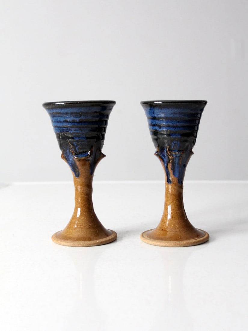 Signed Vintage Studio Pottery Chalice Pair Blue Brown Glaze (1 of 9)