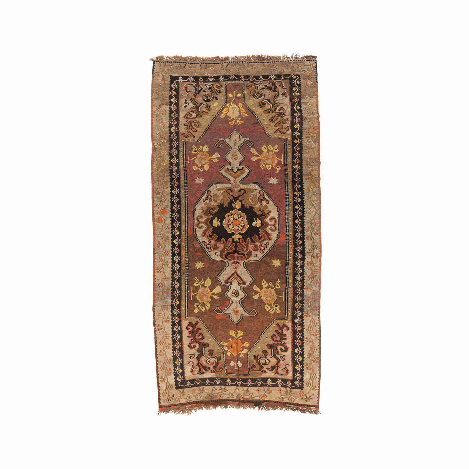 Authentic Kars Handmade Wool Kilim 184 x 409 CM: Authentic Kars Handmade Wool Kilim 184 x 409 CM Introducing an Authentic Handmade Kars Wool Kilim, meticulously crafted with high-quality wool on wool. This piece showcases a flat woven design, highli