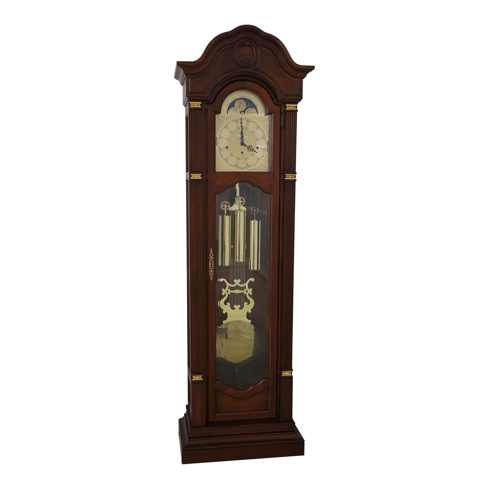 Sligh Cherry Wood Grandfather Clock with Brass Accents and Moon Dial: Sligh Cherry Wood Grandfather Clock with Brass Accents and Moon Dial This stunning Sligh Cherry Tall Case Grandfather Clock showcases exquisite craftsmanship and timeless elegance. Featuring fluted co